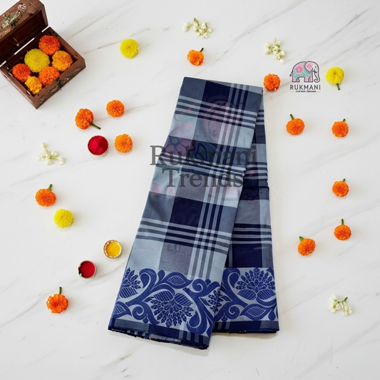 Checkered Cotton Saree with Thread Border