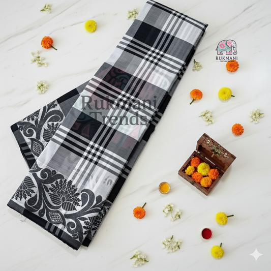 Checkered Cotton Saree with Thread Border